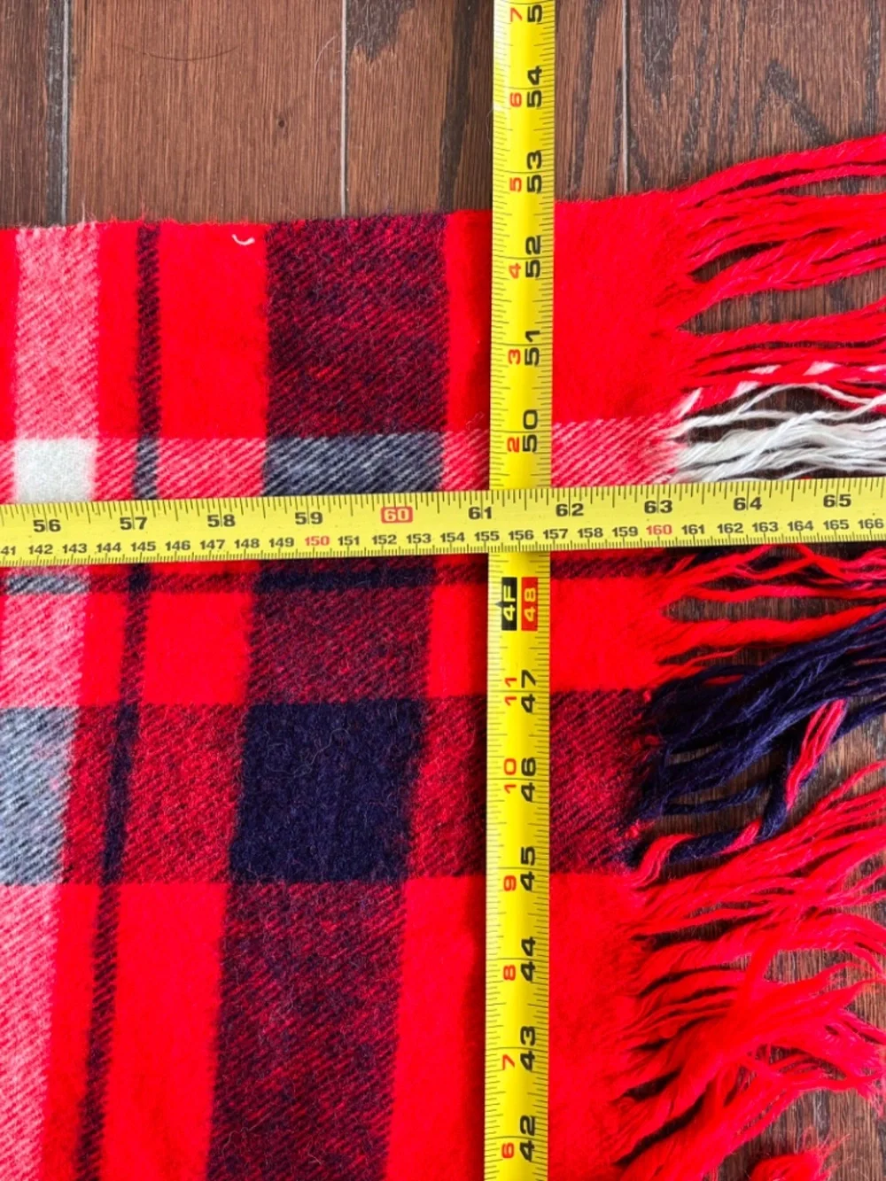 Vibrant vintage Harmony House red, white, blue tartan blanket